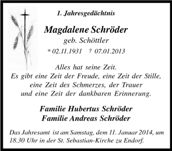 Traueranzeige von Magdalene Schröder von Tageszeitung